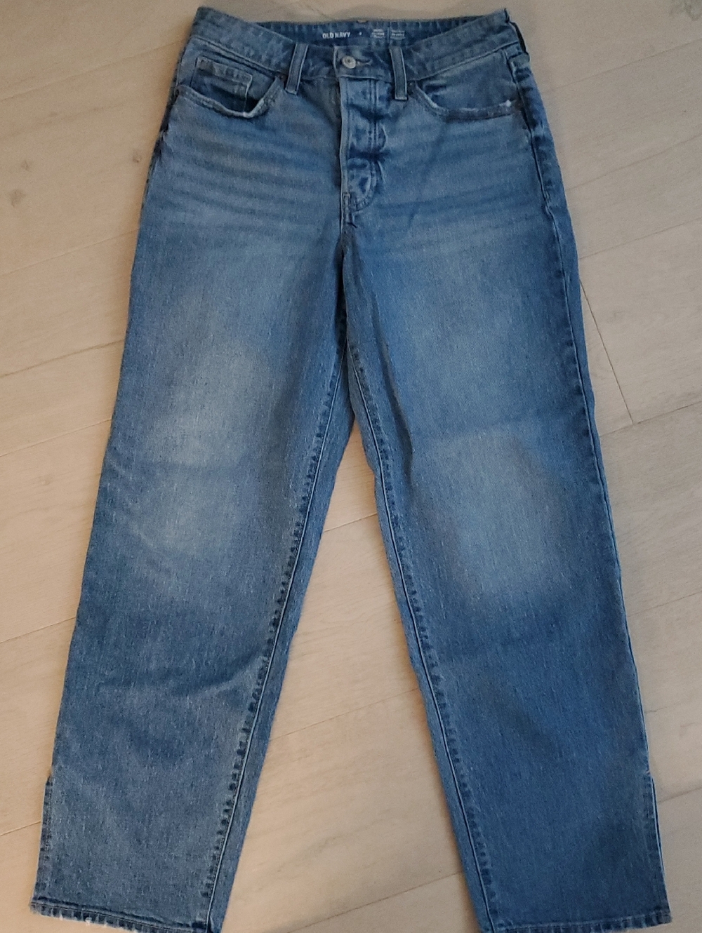 Old Navy- Medium blue OG loose, OG ample, straight leg with slits